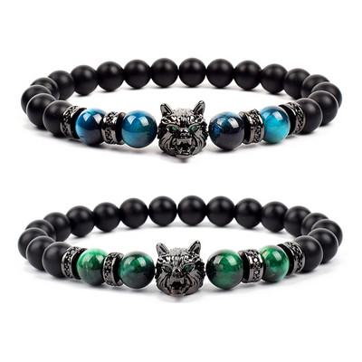 Viking Wolf Head Charm Bracelets Healing Energy Stone Natural Tiger Eye Beads Черни матирани гривни Мъжки Pulsera Ръчно изработени бижута