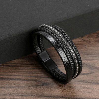 Punk meeste mitmekihiline käevõru Nahast punutud köis roostevabast terasest magnetklambriga käsitsi kootud käevõrud mood meeste ehted kingitus