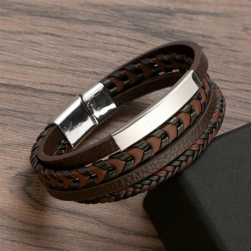 Punk meeste mitmekihiline käevõru Nahast punutud köis roostevabast terasest magnetklambriga käsitsi kootud käevõrud mood meeste ehted kingitus