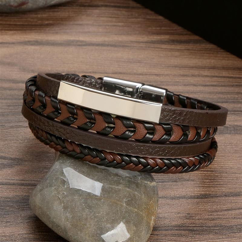 Punk meeste mitmekihiline käevõru Nahast punutud köis roostevabast terasest magnetklambriga käsitsi kootud käevõrud mood meeste ehted kingitus