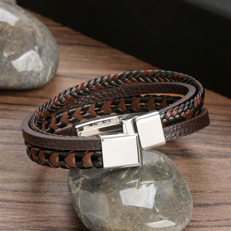 Punk meeste mitmekihiline käevõru Nahast punutud köis roostevabast terasest magnetklambriga käsitsi kootud käevõrud mood meeste ehted kingitus