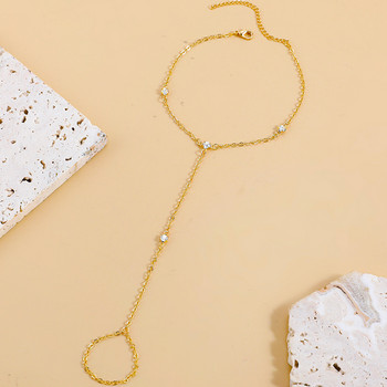 Γυαλιστερό γυαλιστερό κρύσταλλο γυναικείο μπρασελέ με επίχρυση μεταλλική αλυσίδα Βραχιόλι αστραγάλου με συνδεμένα δάχτυλα δαχτυλίδια Barefoot Sandal Beach Jewelry