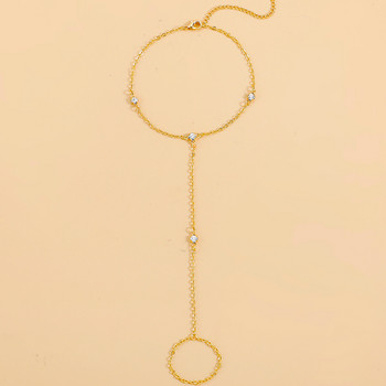 Γυαλιστερό γυαλιστερό κρύσταλλο γυναικείο μπρασελέ με επίχρυση μεταλλική αλυσίδα Βραχιόλι αστραγάλου με συνδεμένα δάχτυλα δαχτυλίδια Barefoot Sandal Beach Jewelry