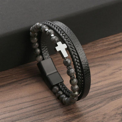 7 spalvų Punk nerūdijančio plieno užsegimas daugiasluoksnė odinė apyrankė vyrams Cross Charm apyrankė rankinė apyrankė Homme vyriška dovana