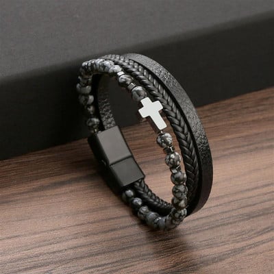 7 spalvų Punk nerūdijančio plieno užsegimas daugiasluoksnė odinė apyrankė vyrams Cross Charm apyrankė rankinė apyrankė Homme vyriška dovana