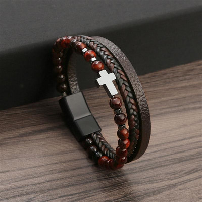 7 spalvų Punk nerūdijančio plieno užsegimas daugiasluoksnė odinė apyrankė vyrams Cross Charm apyrankė rankinė apyrankė Homme vyriška dovana