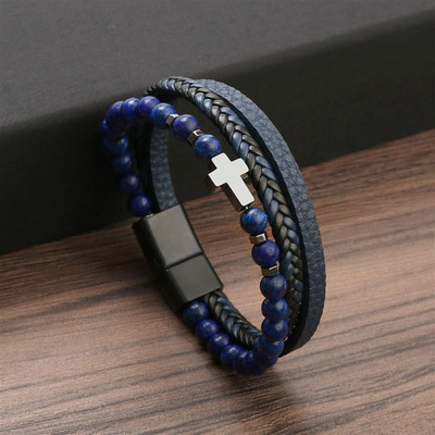 7 spalvų Punk nerūdijančio plieno užsegimas daugiasluoksnė odinė apyrankė vyrams Cross Charm apyrankė rankinė apyrankė Homme vyriška dovana