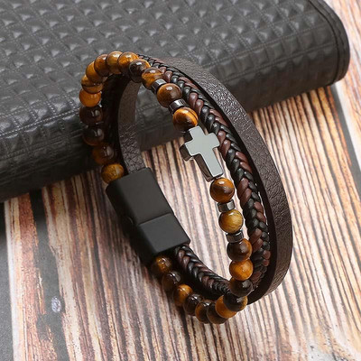 7 spalvų Punk nerūdijančio plieno užsegimas daugiasluoksnė odinė apyrankė vyrams Cross Charm apyrankė rankinė apyrankė Homme vyriška dovana