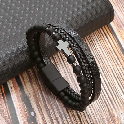 7 spalvų Punk nerūdijančio plieno užsegimas daugiasluoksnė odinė apyrankė vyrams Cross Charm apyrankė rankinė apyrankė Homme vyriška dovana