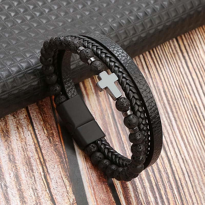 7 spalvų Punk nerūdijančio plieno užsegimas daugiasluoksnė odinė apyrankė vyrams Cross Charm apyrankė rankinė apyrankė Homme vyriška dovana
