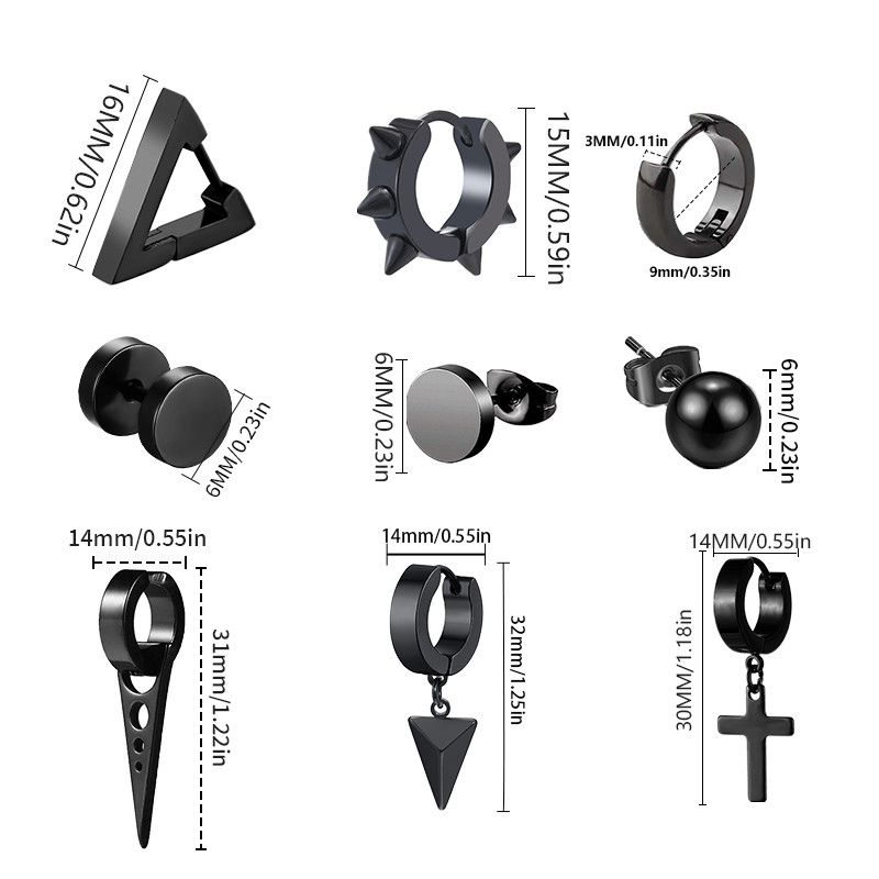 1 par punk crnih višestrukih stilskih nitna naušnica od nehrđajućeg čelika za muškarce i žene Street Pop Hip Hop gotički nakit za uši