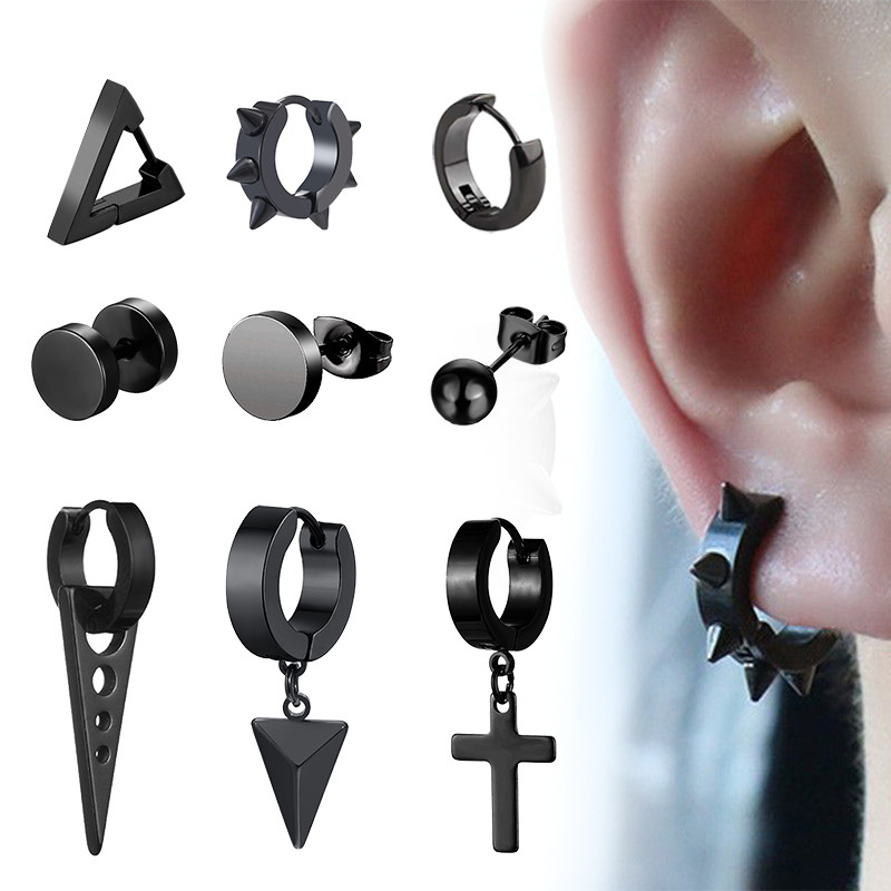1 par punk crnih višestrukih stilskih nitna naušnica od nehrđajućeg čelika za muškarce i žene Street Pop Hip Hop gotički nakit za uši
