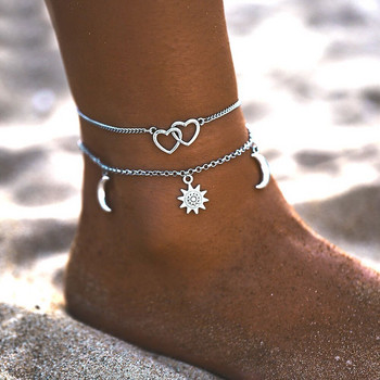 Bohemian Moon Sun Heart Charms Anklet για Γυναικεία Βραχιόλια με Αλυσίδα Διπλών Επιπέδων Βραχιόλια Βραχιόλια για Καλοκαίρι Παραλία Πόδι Barefoot Σανδάλια Κοσμήματα