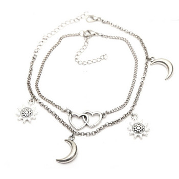 Bohemian Moon Sun Heart Charms Anklet για Γυναικεία Βραχιόλια με Αλυσίδα Διπλών Επιπέδων Βραχιόλια Βραχιόλια για Καλοκαίρι Παραλία Πόδι Barefoot Σανδάλια Κοσμήματα