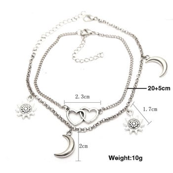 Bohemian Moon Sun Heart Charms Anklet για Γυναικεία Βραχιόλια με Αλυσίδα Διπλών Επιπέδων Βραχιόλια Βραχιόλια για Καλοκαίρι Παραλία Πόδι Barefoot Σανδάλια Κοσμήματα