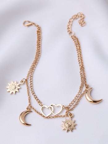 Bohemian Moon Sun Heart Charms Anklet για Γυναικεία Βραχιόλια με Αλυσίδα Διπλών Επιπέδων Βραχιόλια Βραχιόλια για Καλοκαίρι Παραλία Πόδι Barefoot Σανδάλια Κοσμήματα