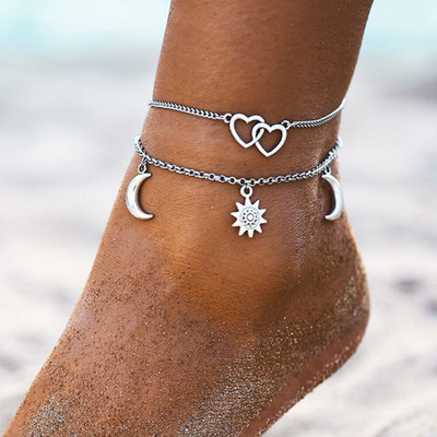 Bohemian Moon Sun Heart Charms Anklet για Γυναικεία Βραχιόλια με Αλυσίδα Διπλών Επιπέδων Βραχιόλια Βραχιόλια για Καλοκαίρι Παραλία Πόδι Barefoot Σανδάλια Κοσμήματα