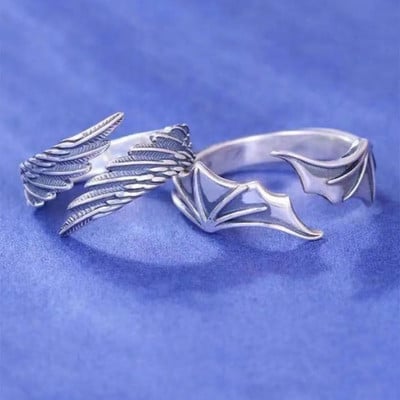 Gothic Punk Angel Devil Wings Adjustable Womens Ring For Hip Hop Fine Female Rings Couple Christmas Gift Jewelry Party Set