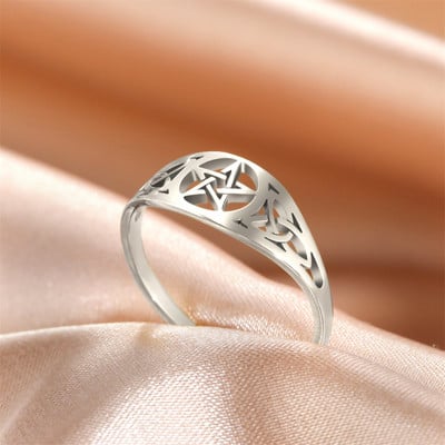 Skyrim Hollowed Out Double Flower Pentagram Stainless Steel Ring For Women`s Fashionable Retro Talisman Jewelry Gift