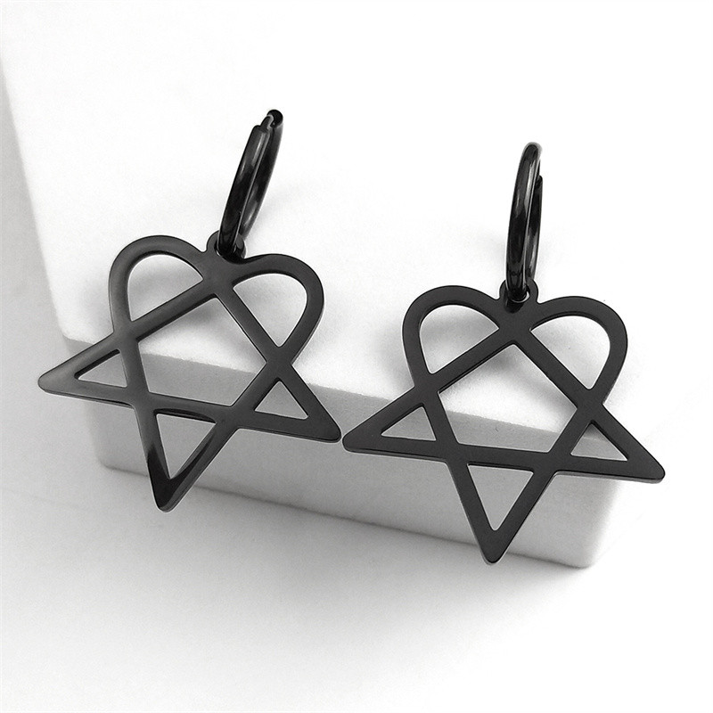 Goth Heartagram Star Dangle Hoop fülbevaló női rozsdamentes acél fekete színű rockzene zenekar HIM rajongók fülbevaló ékszer E2613S03