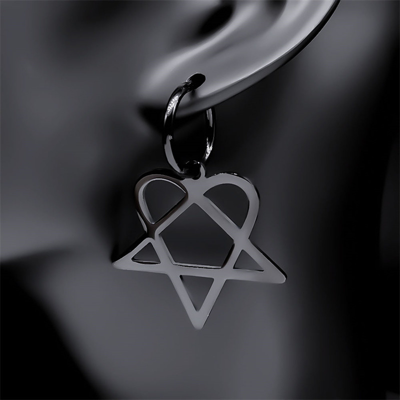 Goth Heartagram Star Dangle Hoop fülbevaló női rozsdamentes acél fekete színű rockzene zenekar HIM rajongók fülbevaló ékszer E2613S03