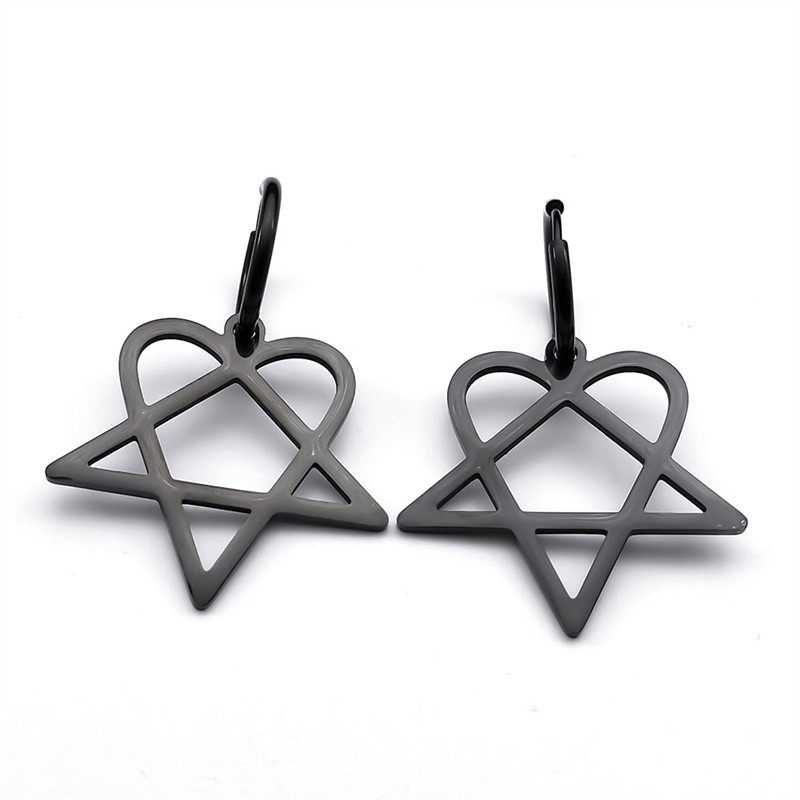 Goth Heartagram Star Dangle Hoop fülbevaló női rozsdamentes acél fekete színű rockzene zenekar HIM rajongók fülbevaló ékszer E2613S03