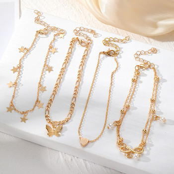 Χρυσό Χρώμα Vintage Σετ Πεταλούδας Γυναικεία Πολυστρωματικά Ρυθμιζόμενο Βραχιόλι Αγάπης στο Πόδι Παραλία Κοσμήματα