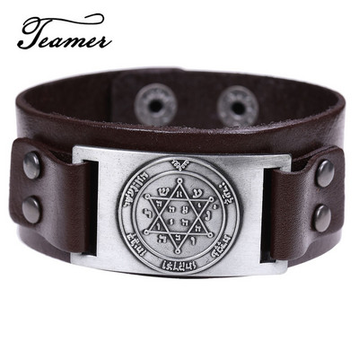 Teamer Vintage Solomon Star of David Βραχιόλια Ανδρικά Hexagram Charm Φαρδύ δερμάτινο βραχιόλι Tantrism Amulet Κοσμήματα Δώρα χονδρικής