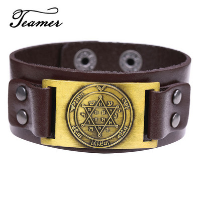 Teamer Vintage Solomon Star of David Βραχιόλια Ανδρικά Hexagram Charm Φαρδύ δερμάτινο βραχιόλι Tantrism Amulet Κοσμήματα Δώρα χονδρικής