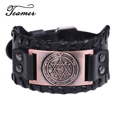 Teamer Vintage Solomon Star of David Βραχιόλια Ανδρικά Hexagram Charm Φαρδύ δερμάτινο βραχιόλι Tantrism Amulet Κοσμήματα Δώρα χονδρικής