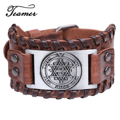 Teamer Vintage Solomon Star of David Βραχιόλια Ανδρικά Hexagram Charm Φαρδύ δερμάτινο βραχιόλι Tantrism Amulet Κοσμήματα Δώρα χονδρικής