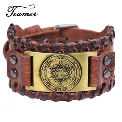 Teamer Vintage Solomon Star of David Βραχιόλια Ανδρικά Hexagram Charm Φαρδύ δερμάτινο βραχιόλι Tantrism Amulet Κοσμήματα Δώρα χονδρικής