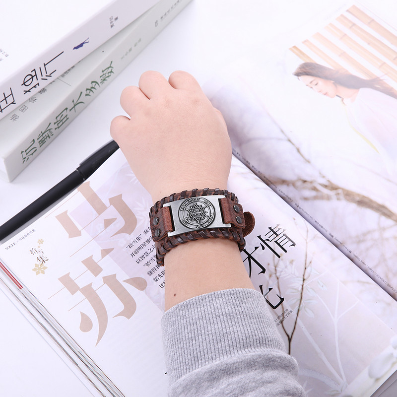 Teamer Vintage Solomon Star of David Βραχιόλια Ανδρικά Hexagram Charm Φαρδύ δερμάτινο βραχιόλι Tantrism Amulet Κοσμήματα Δώρα χονδρικής