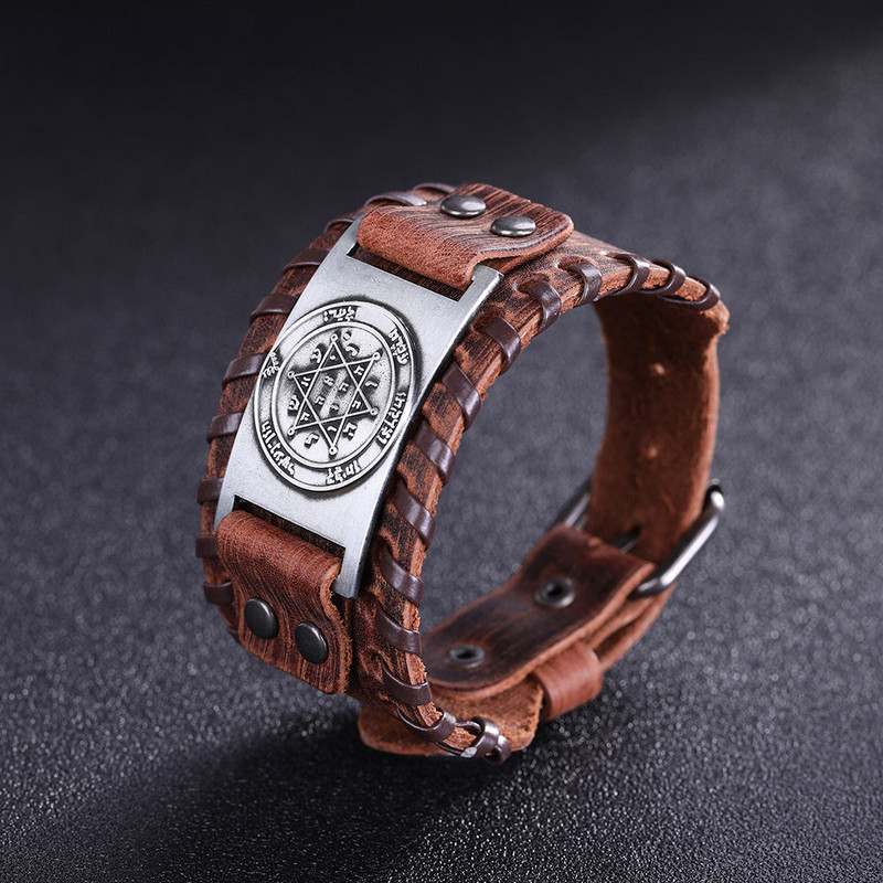 Teamer Vintage Solomon Star of David Βραχιόλια Ανδρικά Hexagram Charm Φαρδύ δερμάτινο βραχιόλι Tantrism Amulet Κοσμήματα Δώρα χονδρικής