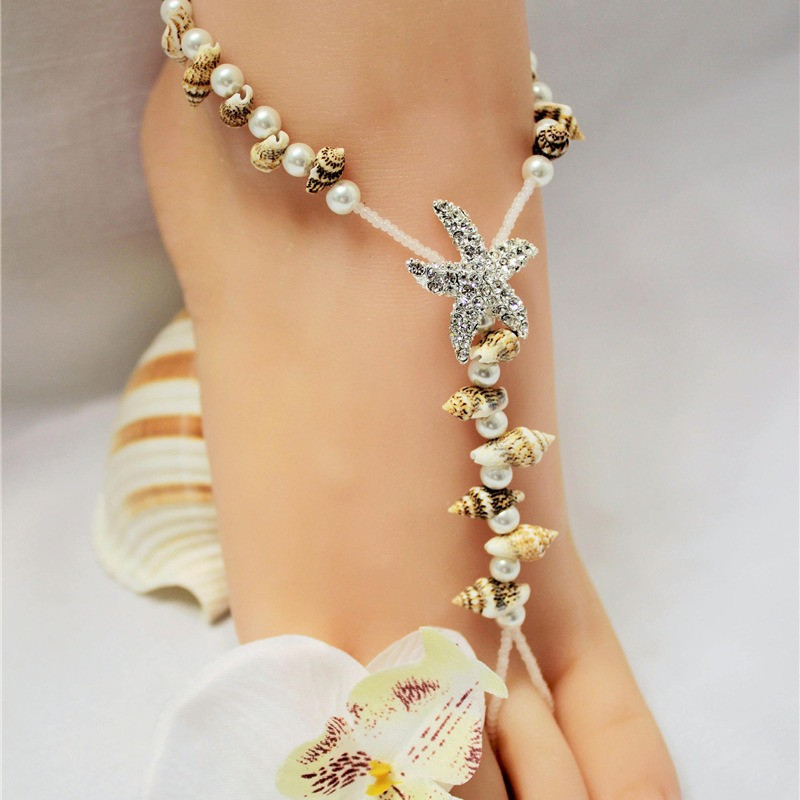 Üks tk Moodne Boheemian jalavõru peen kristallist meritähe naturaalne merikarp helmestega varvasrõngas naistele rannas paljajalu ehted