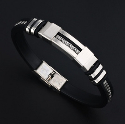 Klasszikus rozsdamentes acél egyrétegű szilikon fekete karkötő férfi csuklópánt, punk stílusú, csattal áthajtható mandzsetta karkötő