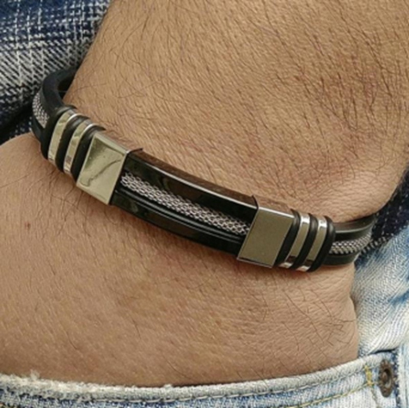 Klasszikus rozsdamentes acél egyrétegű szilikon fekete karkötő férfi csuklópánt, punk stílusú, csattal áthajtható mandzsetta karkötő