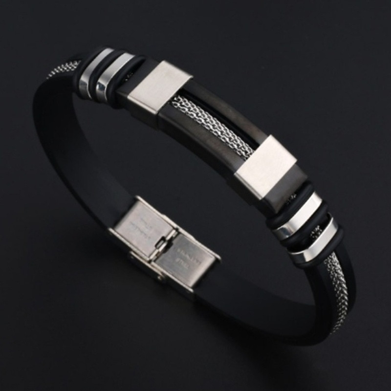 Klasszikus rozsdamentes acél egyrétegű szilikon fekete karkötő férfi csuklópánt, punk stílusú, csattal áthajtható mandzsetta karkötő