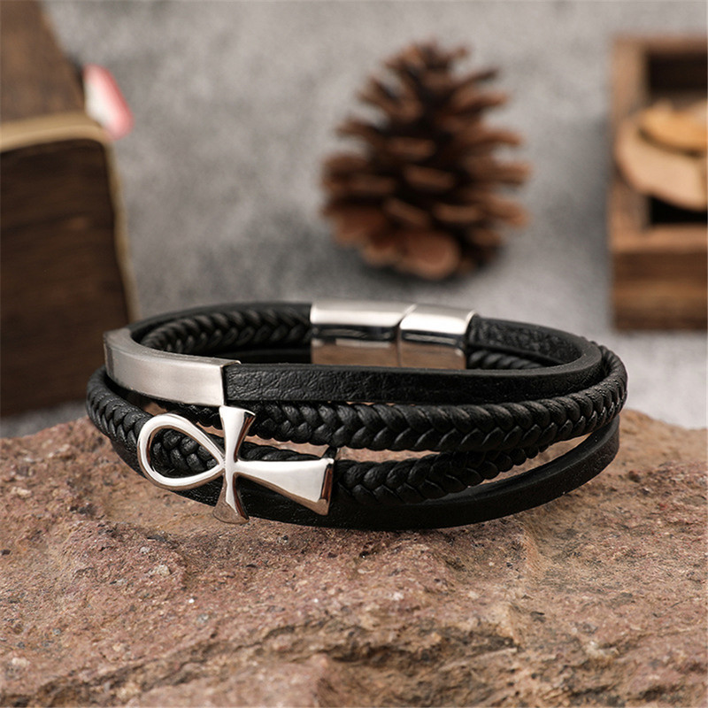 Vintage ANKH Risti nahast käevõrud Meeste religioosne võlu Egiptuse mitmekihiline mähis käevõrud roostevabast terasest rahu, usu ehted