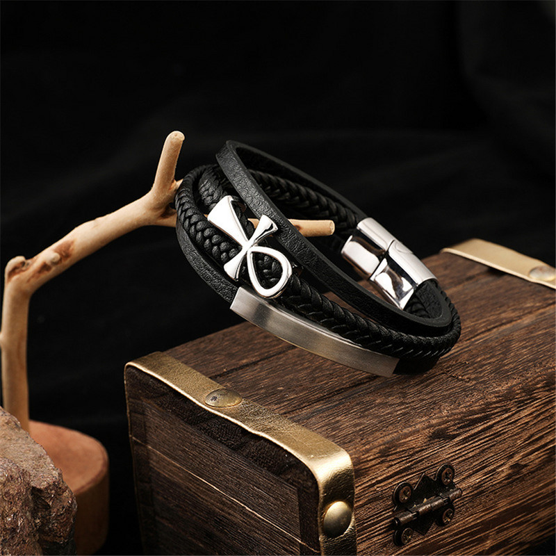 Vintage ANKH Risti nahast käevõrud Meeste religioosne võlu Egiptuse mitmekihiline mähis käevõrud roostevabast terasest rahu, usu ehted