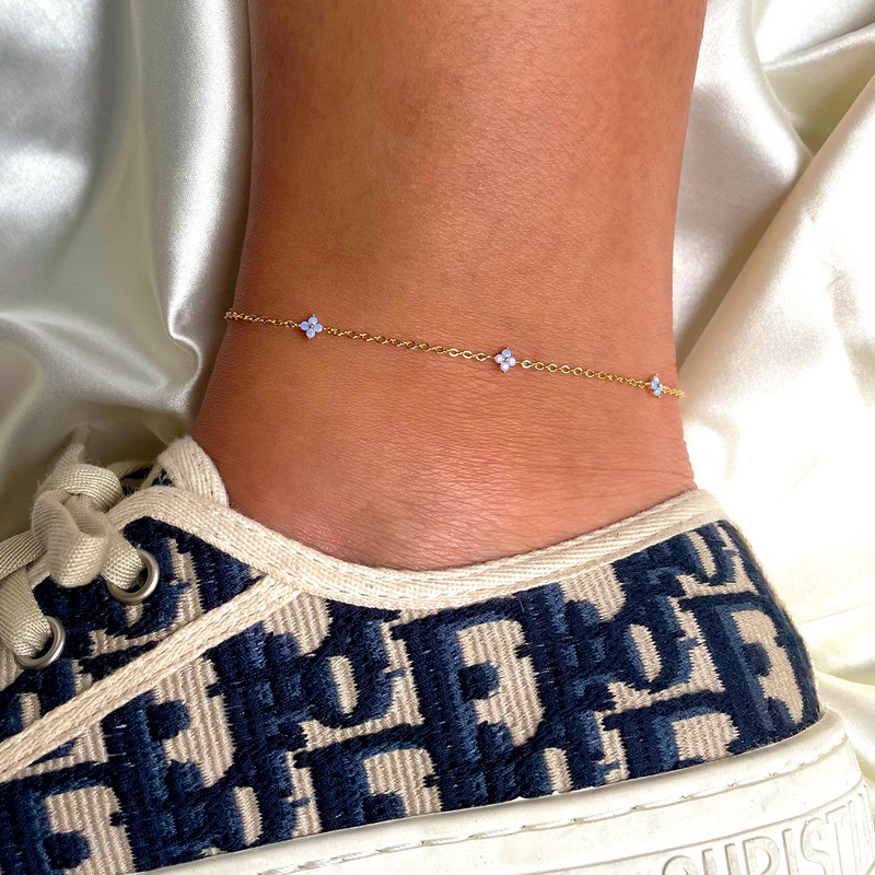 Väike värske sinise lillega naiste pahkluu keti komplekt tsirkoonist peen pahkluu ketiga, mis ulatub populaarsete jalatsite juurde