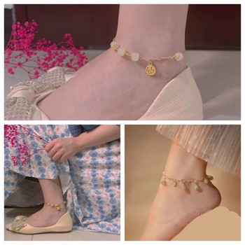 Chinoiserie Jade Anklet Unique Alloy Green Blessing Bell Summer