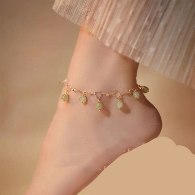 Chinoiserie Jade Anklet Unique Alloy Green Blessing Bell Summer