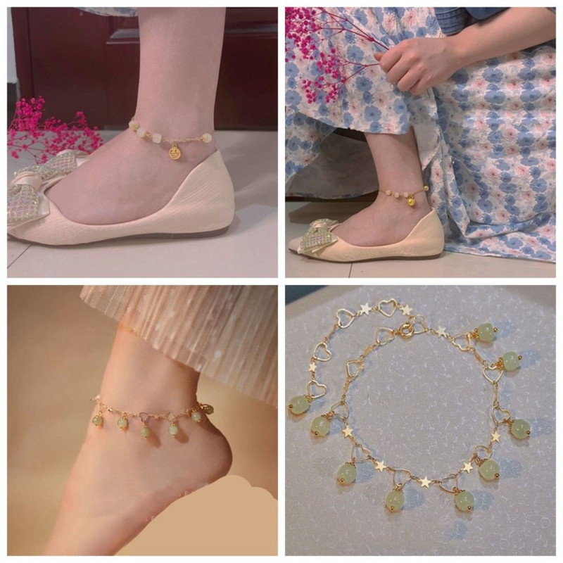 Chinoiserie Jade Anklet Unique Alloy Green Blessing Bell Summer