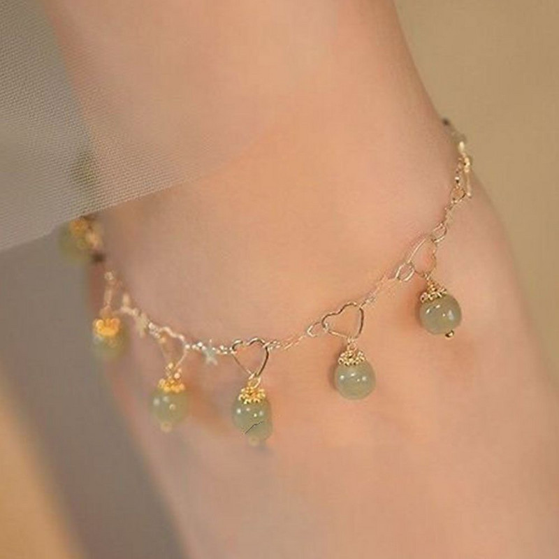 Chinoiserie Jade Anklet Unique Alloy Green Blessing Bell Summer