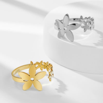 Skyrim Пет венчелистчета цвете Отворен пръстен от неръждаема стомана за дамска мода Сладки и романтични бохемски подаръци за Свети Валентин Бижута