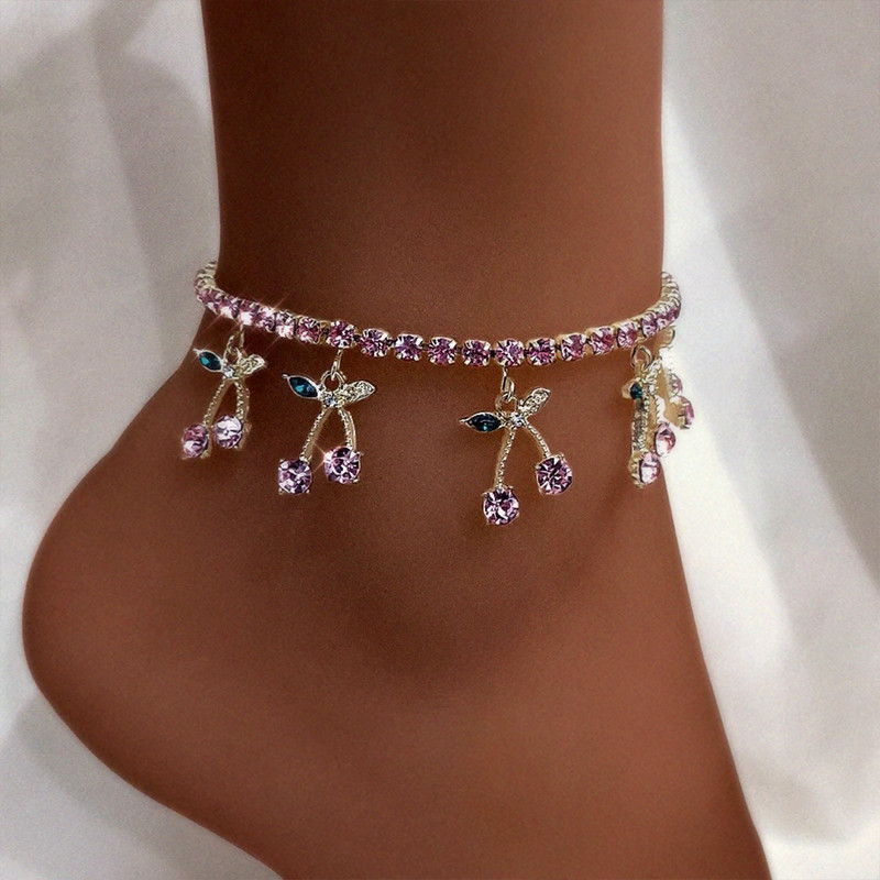 Flatfoosie Bohemian Pink Cherry Anklets για Γυναικείες Μόδα Rhinestone Tennis Chain Summer Beach Βραχιόλι στον αστράγαλο Barefoot Κοσμήματα