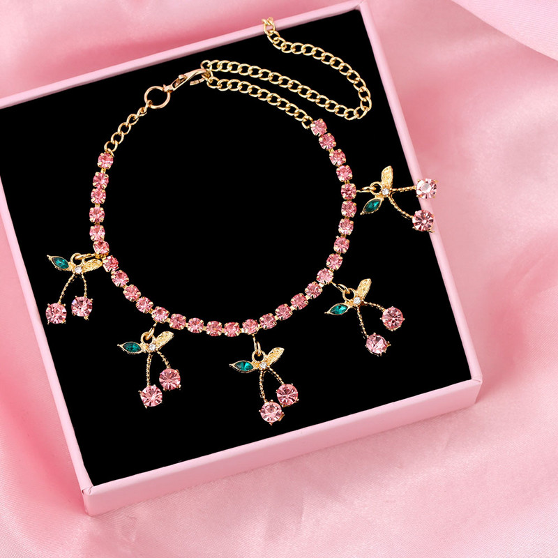 Flatfoosie Bohemian Pink Cherry Anklets για Γυναικείες Μόδα Rhinestone Tennis Chain Summer Beach Βραχιόλι στον αστράγαλο Barefoot Κοσμήματα