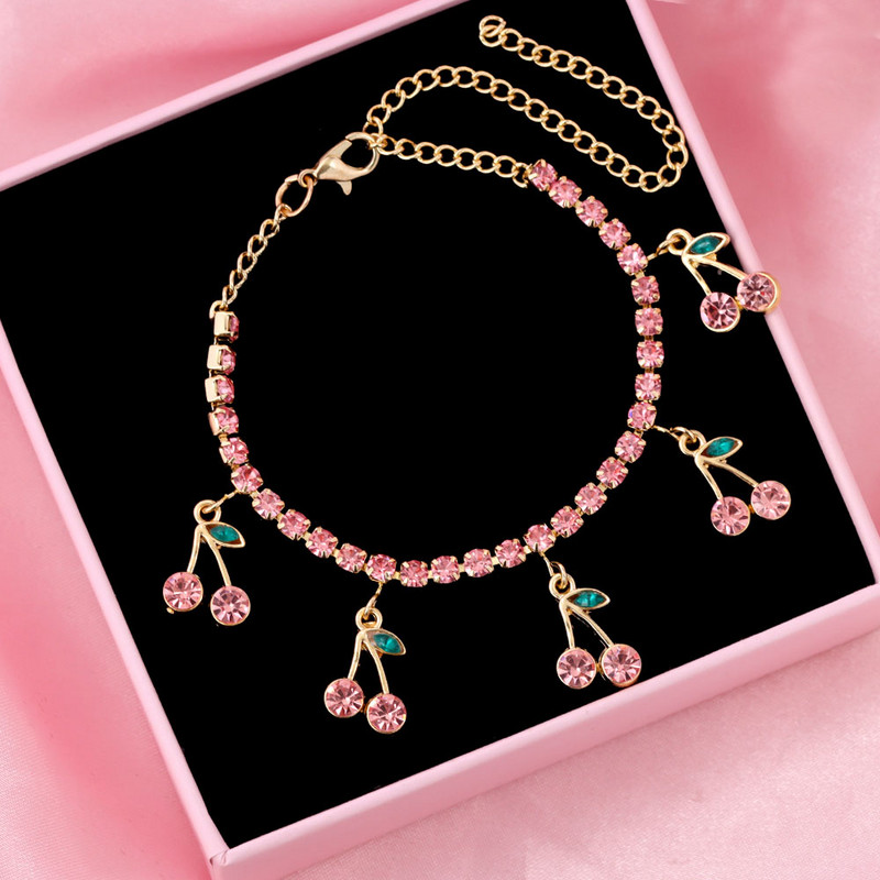 Flatfoosie Bohemian Pink Cherry Anklets για Γυναικείες Μόδα Rhinestone Tennis Chain Summer Beach Βραχιόλι στον αστράγαλο Barefoot Κοσμήματα