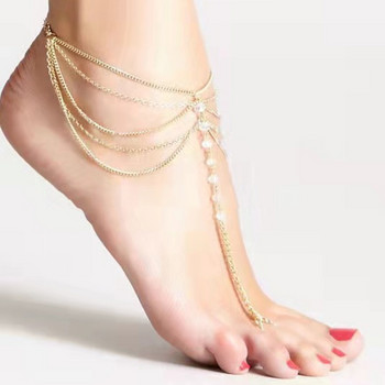 Модна и модерна дамска многопластова верижка с пискюли, връв от кристални мъниста, украса за крака на плажа на пръстите, верига на глезена